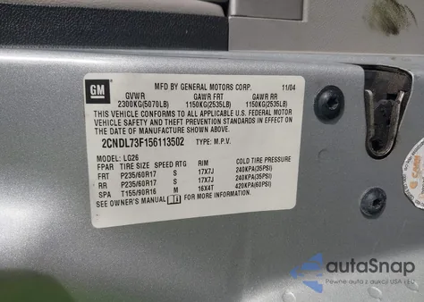 2005 Chevrolet Equinox Lt из США, поврежденный, VIN 2CNDL73F156113502